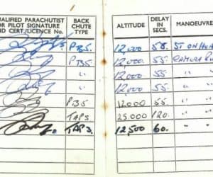 John's log book showing 27 jumps over 5 years