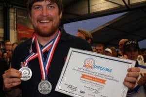 Mikey Lovemore celebrates double silver at the 2015 2nd FAI World Cup & 1st FAI European Championships of Speed Skydiving, Nationaal Paracentrum Teuge, Netherlands.